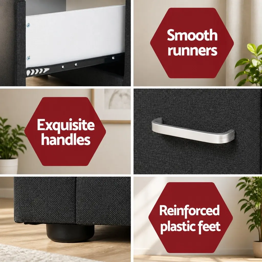 Bedside Table 2 Drawers Charcoal Fabric Storage Side Table Modern Bedroom