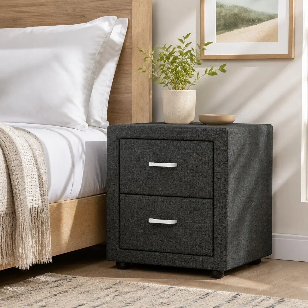 Bedside Table 2 Drawers Charcoal Fabric Storage Side Table Modern Bedroom