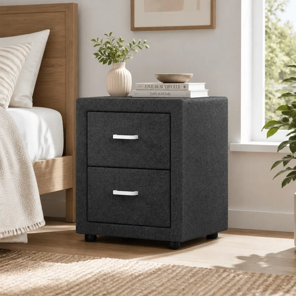 Bedside Table 2 Drawers Charcoal Fabric Storage Side Table Modern Bedroom