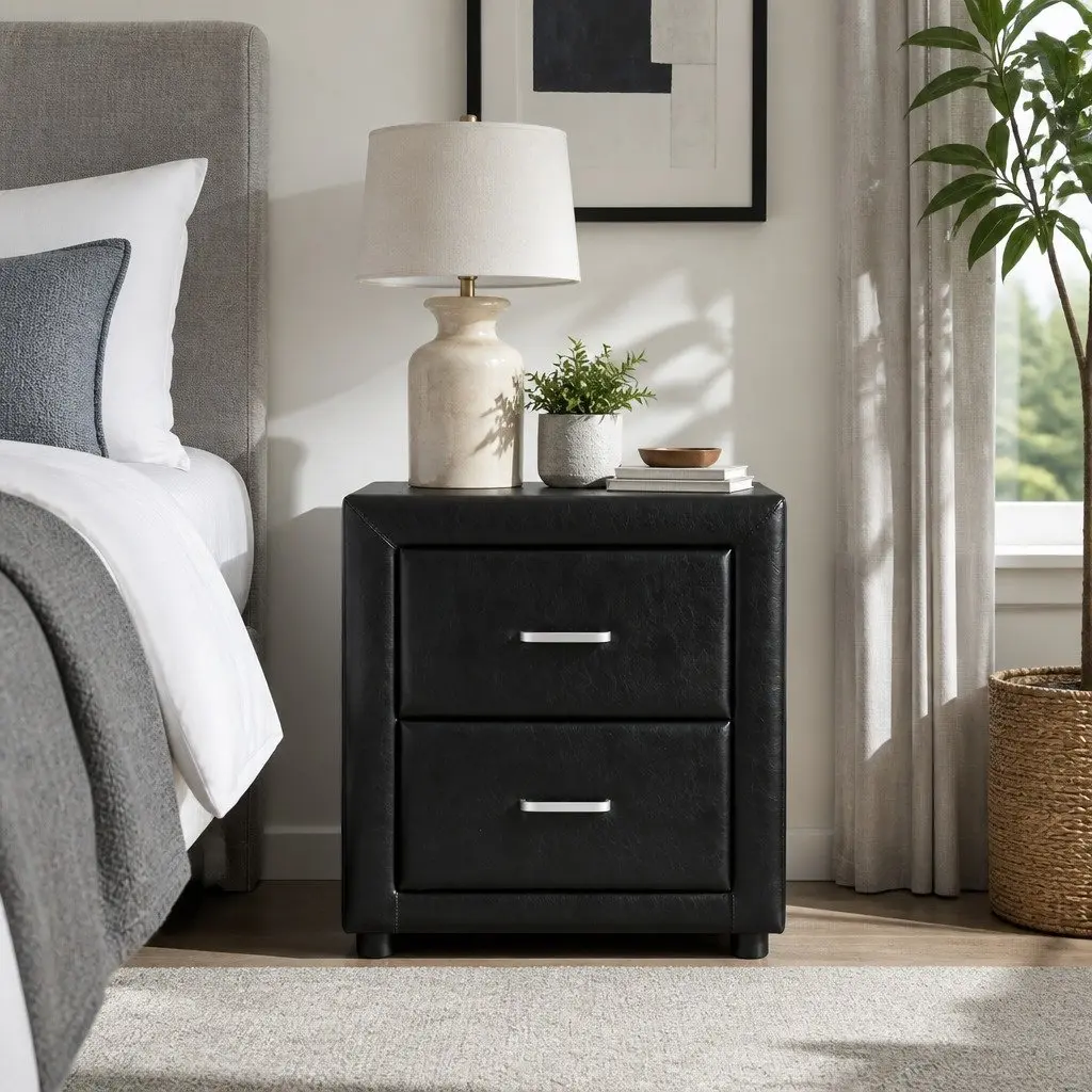 Bedside Table 2 Drawers Side Table Black Modern Bedroom Furniture Storage