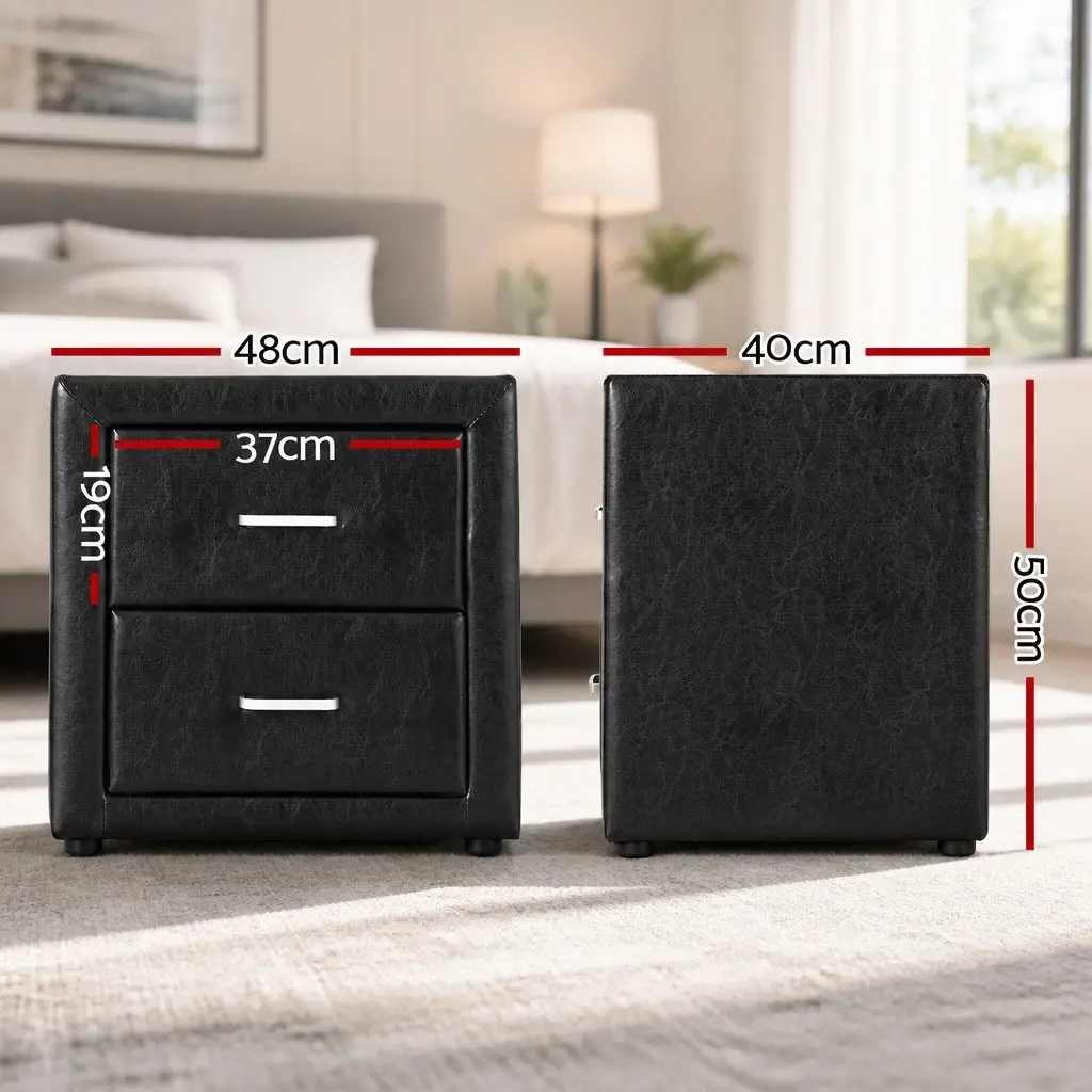 Bedside Table 2 Drawers Side Table Black Modern Bedroom Furniture Storage