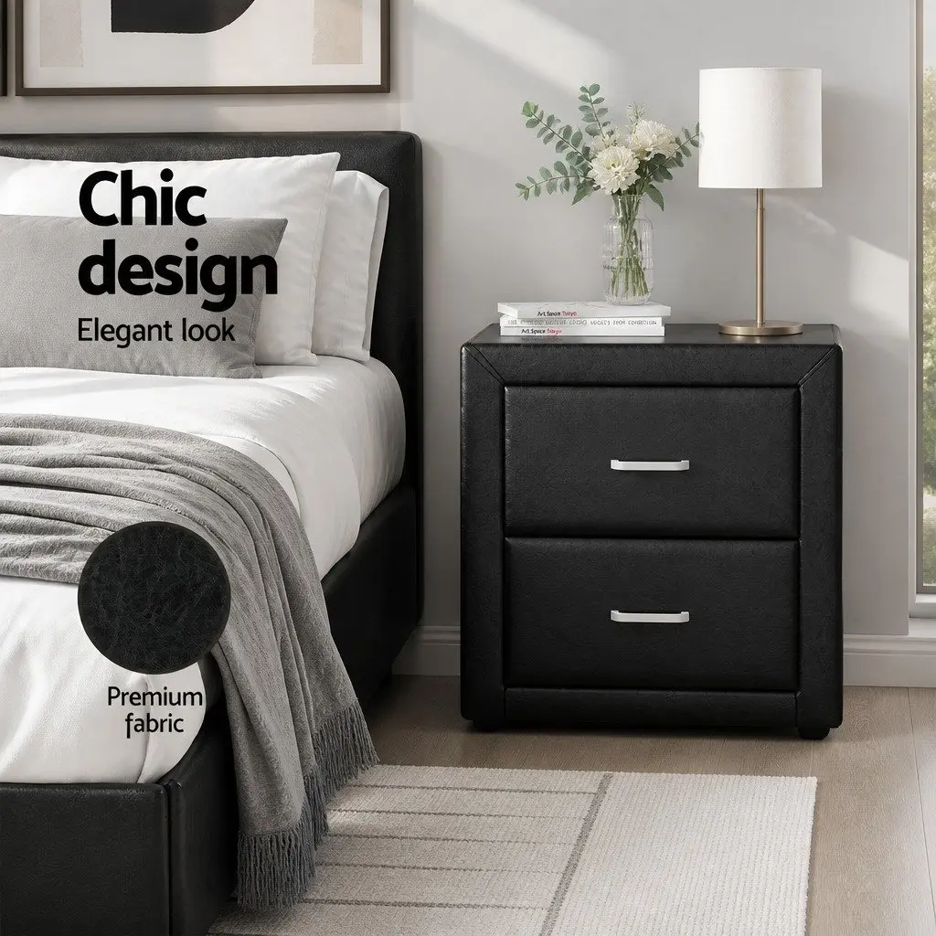 Bedside Table 2 Drawers Side Table Black Modern Bedroom Furniture Storage