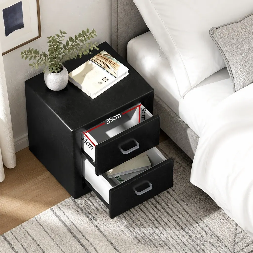 Bedside Table 2 Drawers Side Table Black Modern Bedroom Furniture Storage