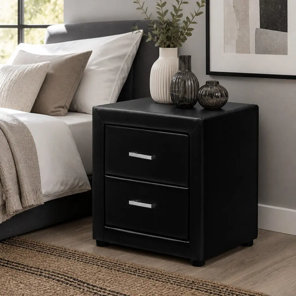 Bedside Table 2 Drawers Side Table Black Modern Bedroom Furniture Storage