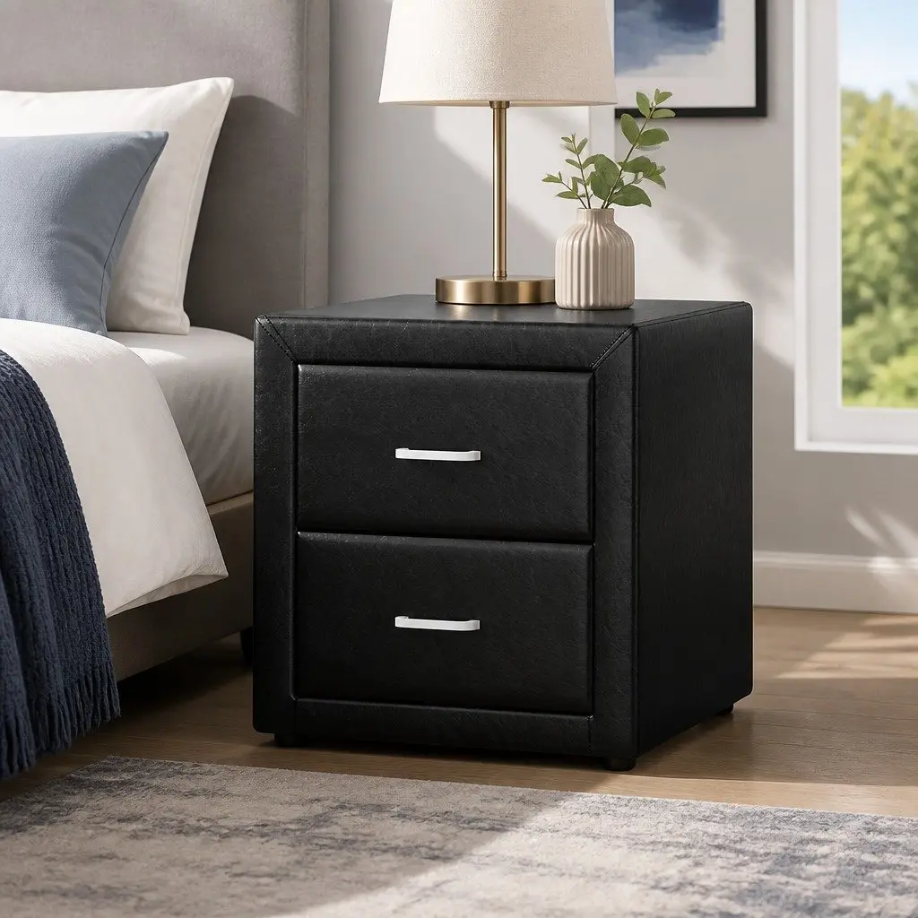 Bedside Table 2 Drawers Side Table Black Modern Bedroom Furniture Storage