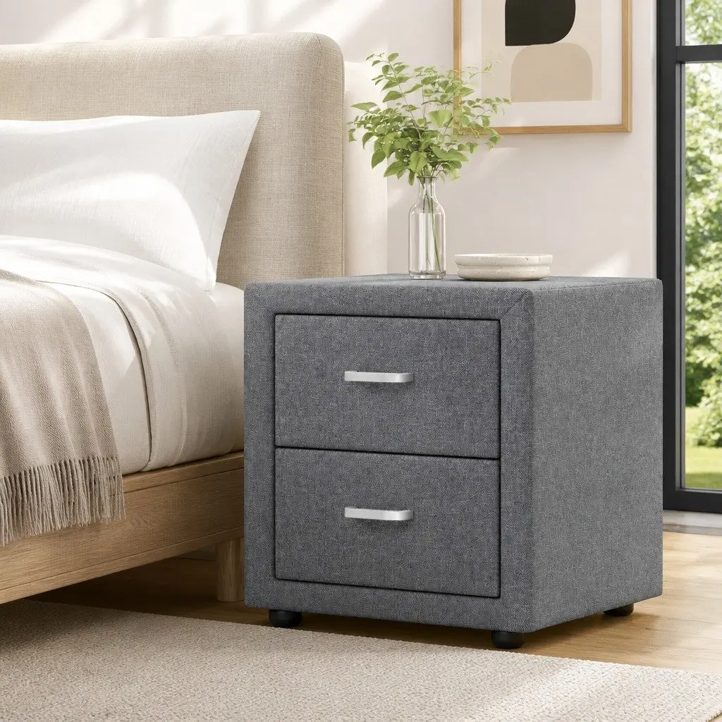 Bedside Table Grey Linen Fabric Modern Bedroom Storage 46cm x 40cm x 50cm