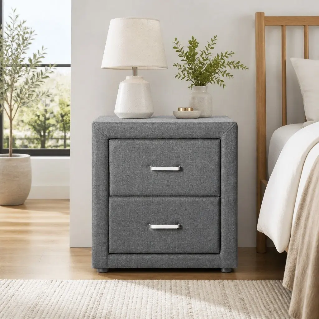 Bedside Table Grey Linen Fabric Modern Bedroom Storage 46cm x 40cm x 50cm
