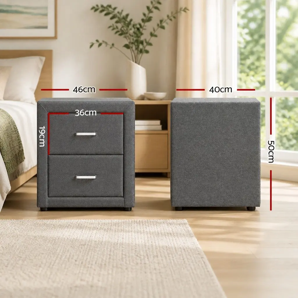 Bedside Table Grey Linen Fabric Modern Bedroom Storage 46cm x 40cm x 50cm