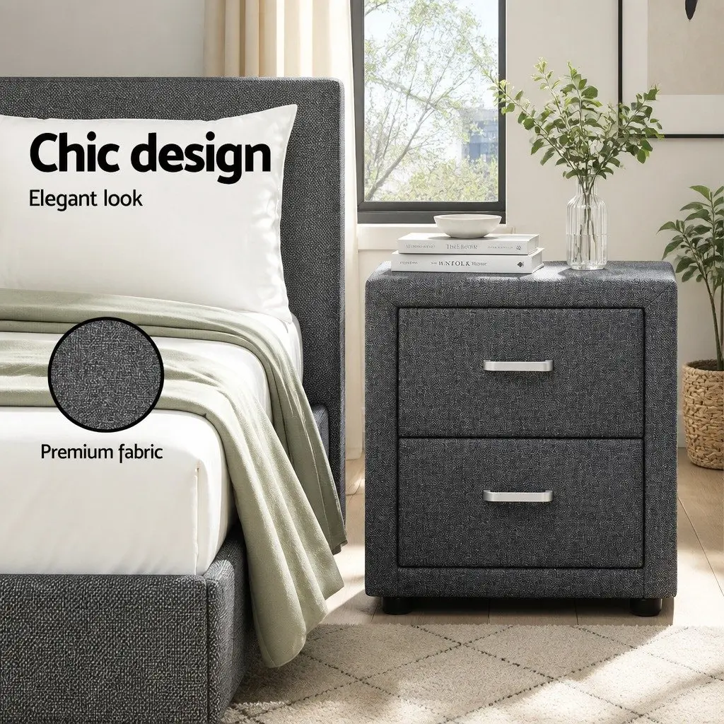 Bedside Table Grey Linen Fabric Modern Bedroom Storage 46cm x 40cm x 50cm