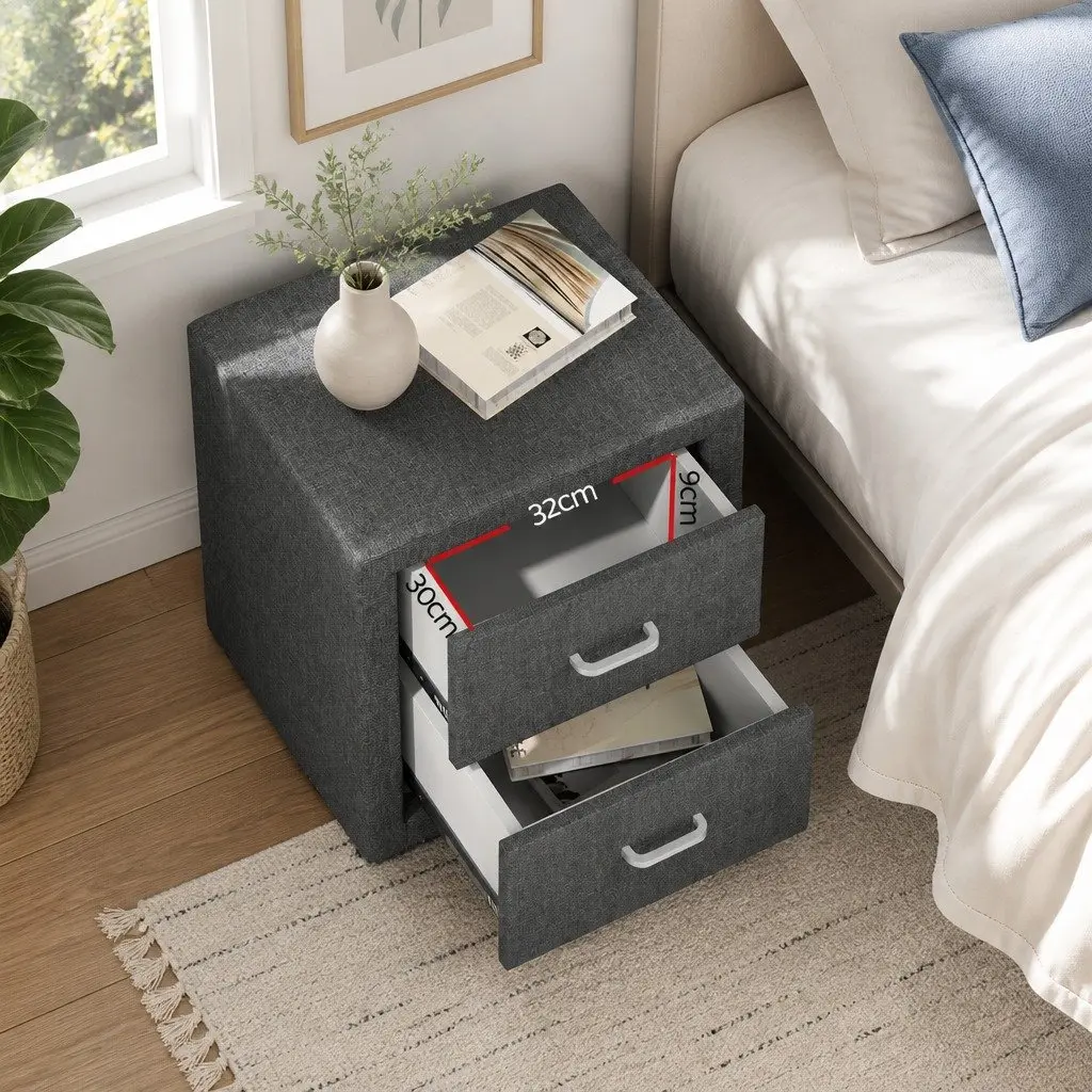 Bedside Table Grey Linen Fabric Modern Bedroom Storage 46cm x 40cm x 50cm