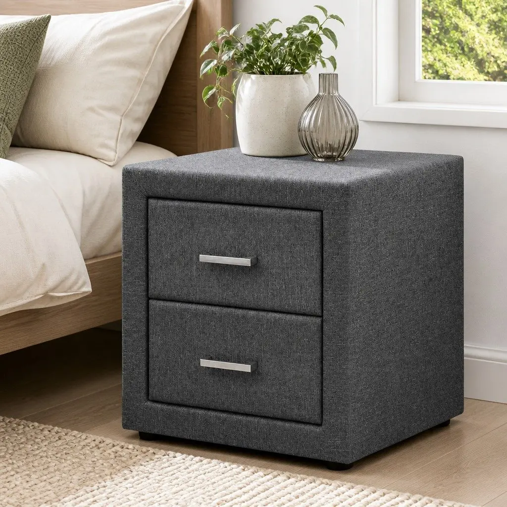 Bedside Table Grey Linen Fabric Modern Bedroom Storage 46cm x 40cm x 50cm