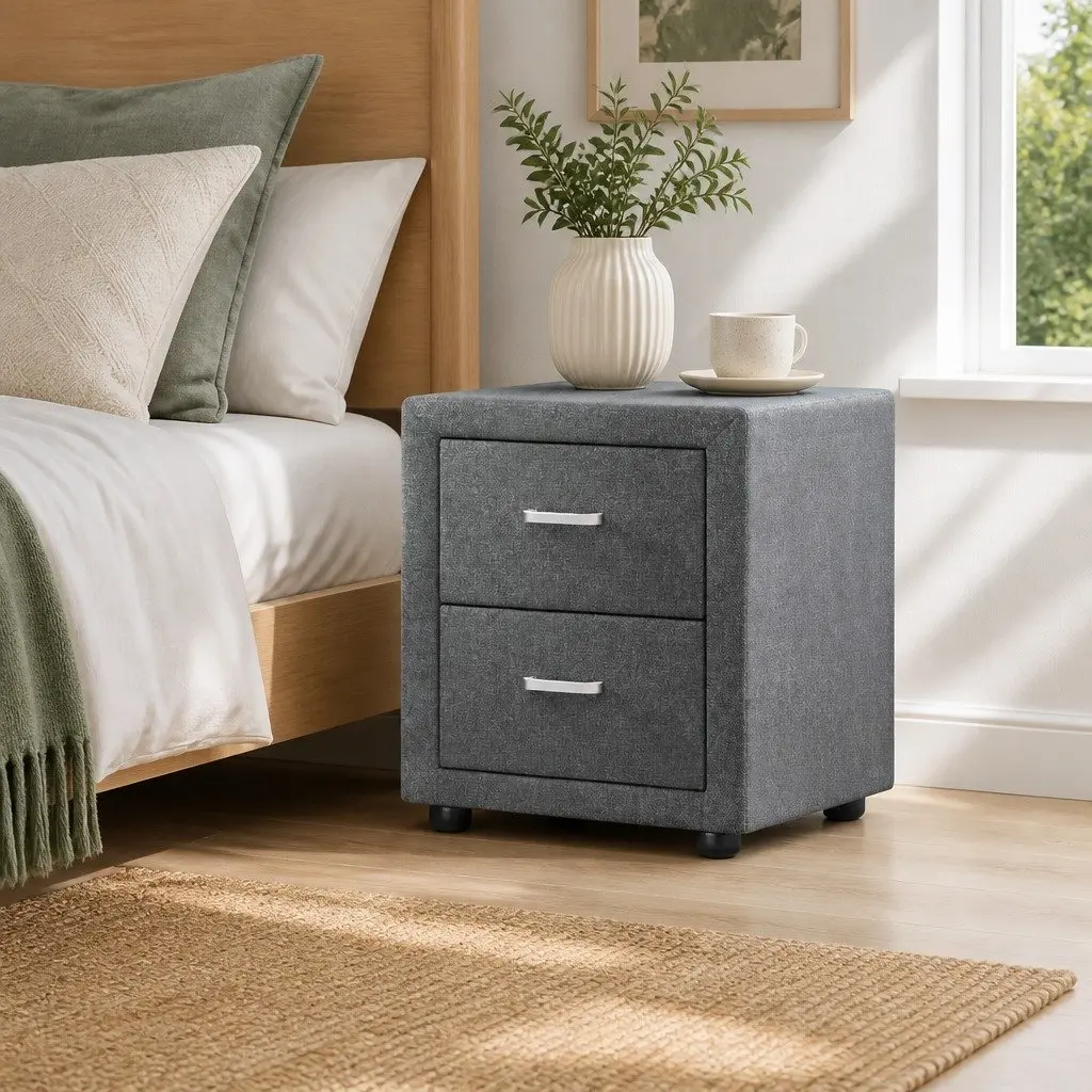 Bedside Table Grey Linen Fabric Modern Bedroom Storage 46cm x 40cm x 50cm