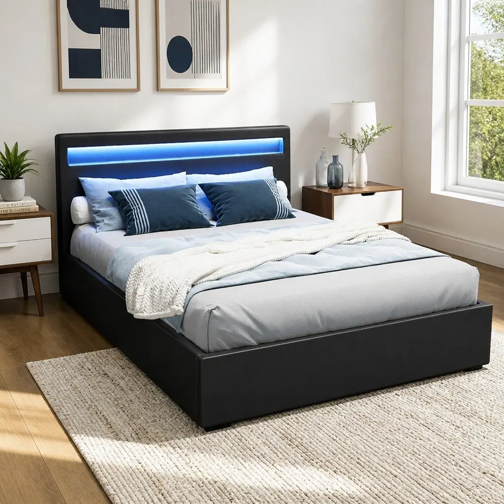 Double Bed Frame with Gas Lift and LED
