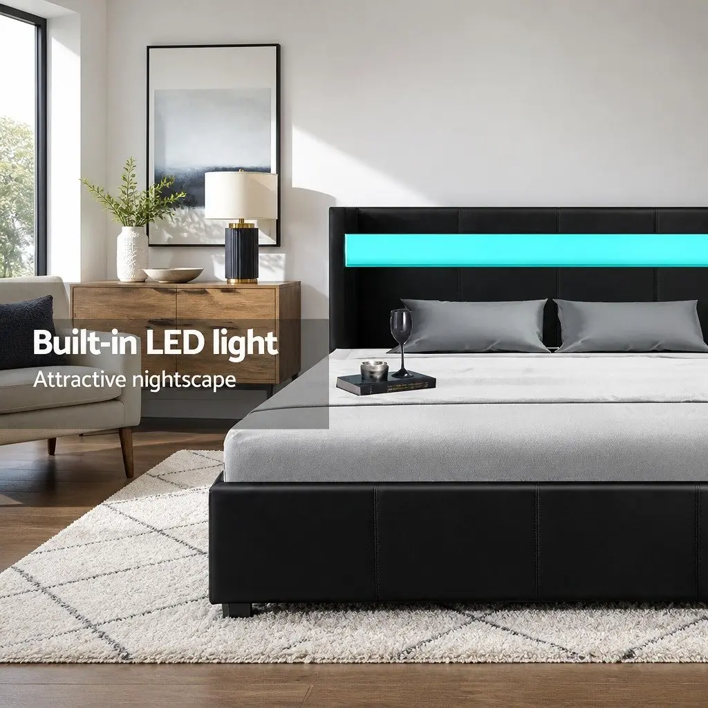 Double Bed Frame with Gas Lift and LED