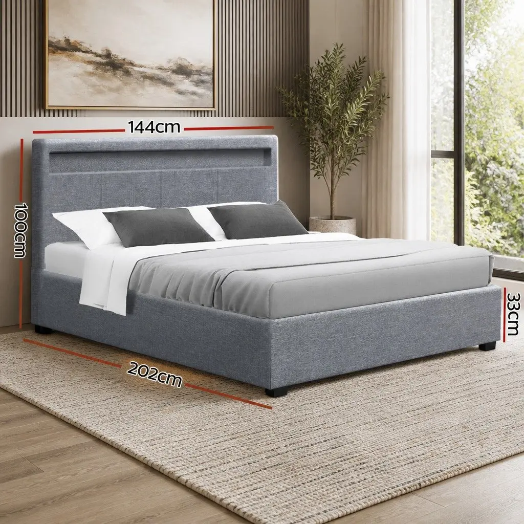 Double Bed Frame Gas Lift Storage LED Headboard Grey Bedroom Furniture