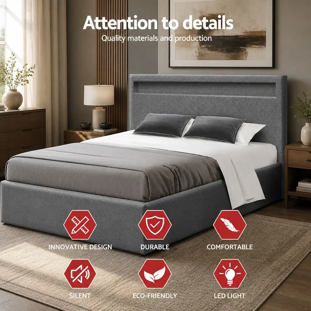 Double Bed Frame Gas Lift Storage LED Headboard Grey Bedroom Furniture