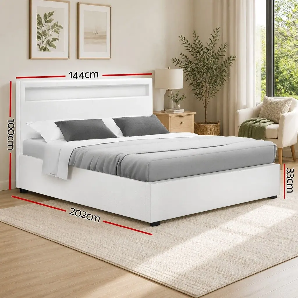 Double Bed Frame Gas Lift Storage White LED Headboard Bedroom Furniture