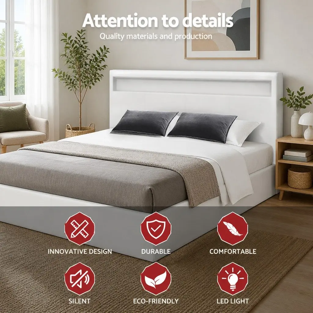 Double Bed Frame Gas Lift Storage White LED Headboard Bedroom Furniture