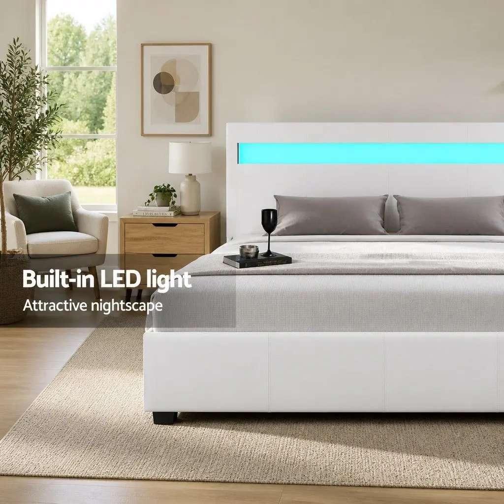 Double Bed Frame Gas Lift Storage White LED Headboard Bedroom Furniture
