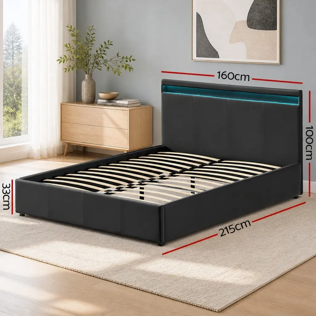 Queen Size Gas Lift Bed Frame with LED Lighting Storage Headboard Black