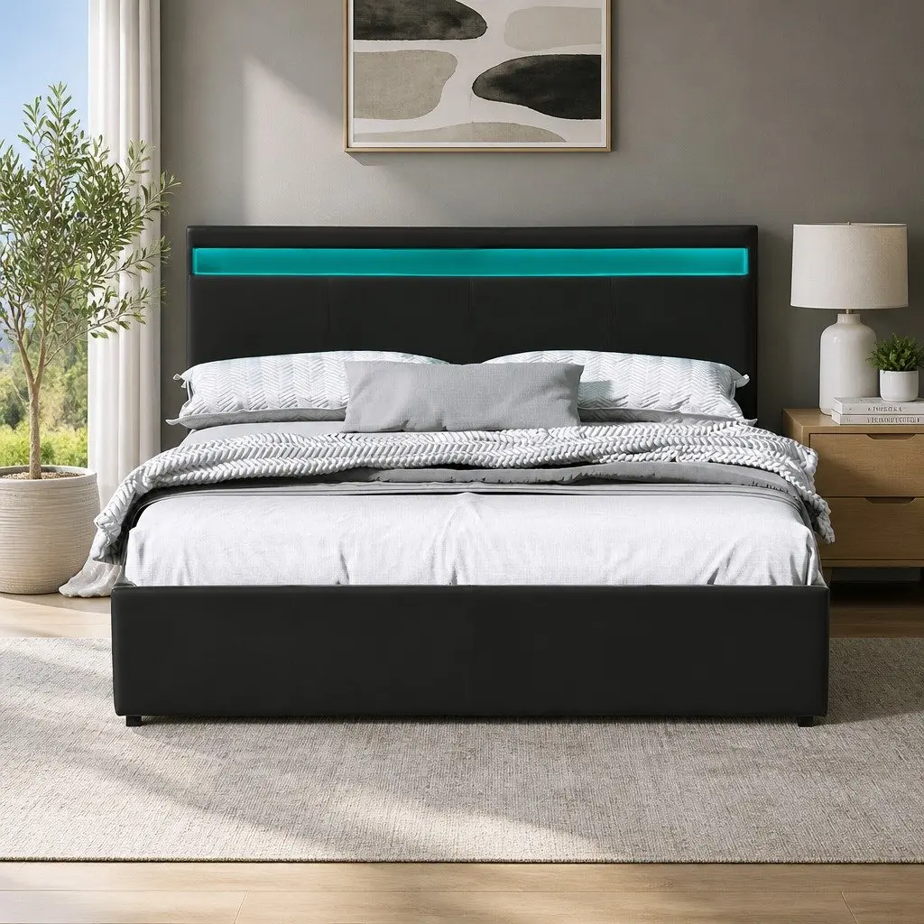 Queen Size Gas Lift Bed Frame with LED Lighting Storage Headboard Black