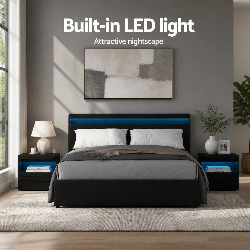Queen Size Gas Lift Bed Frame with LED Lighting Storage Headboard Black