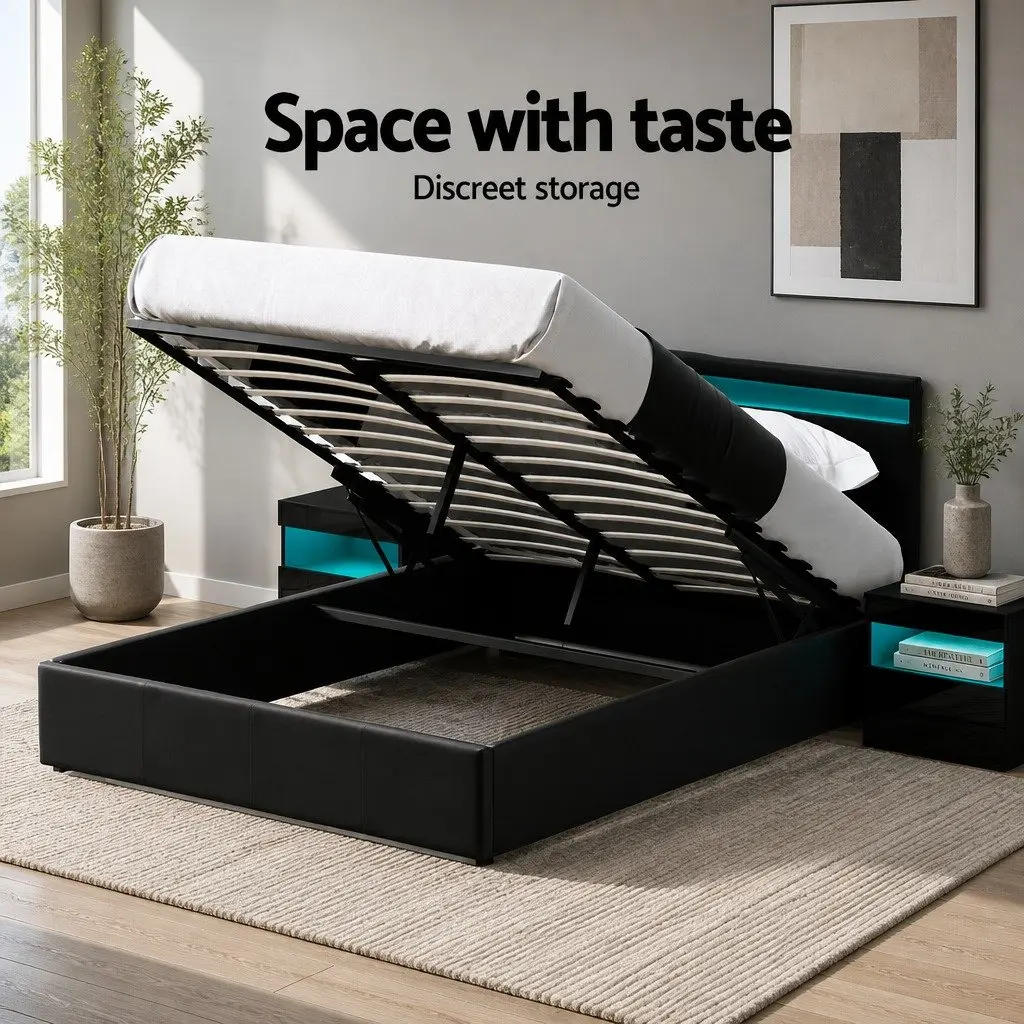 Queen Size Gas Lift Bed Frame with LED Lighting Storage Headboard Black