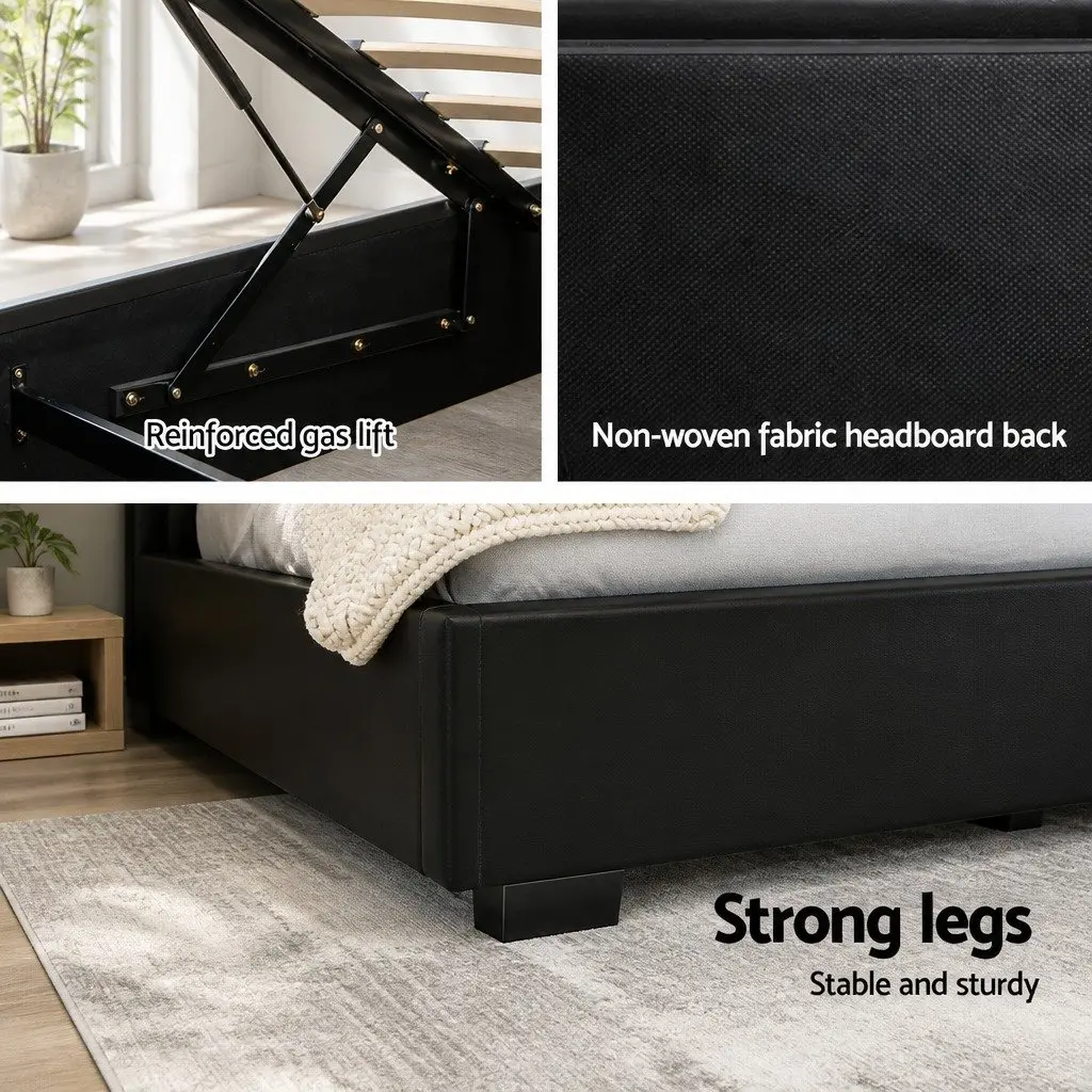 Queen Size Gas Lift Bed Frame with LED Lighting Storage Headboard Black