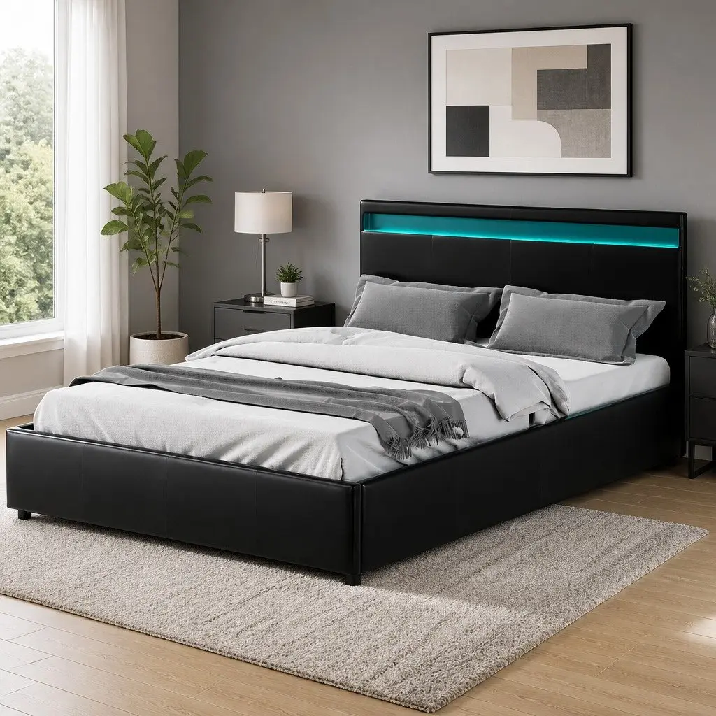 Queen Size Gas Lift Bed Frame with LED Lighting Storage Headboard Black