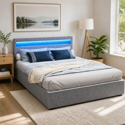 Grey Queen Bed Frame with Storage and LED Headboard Specs