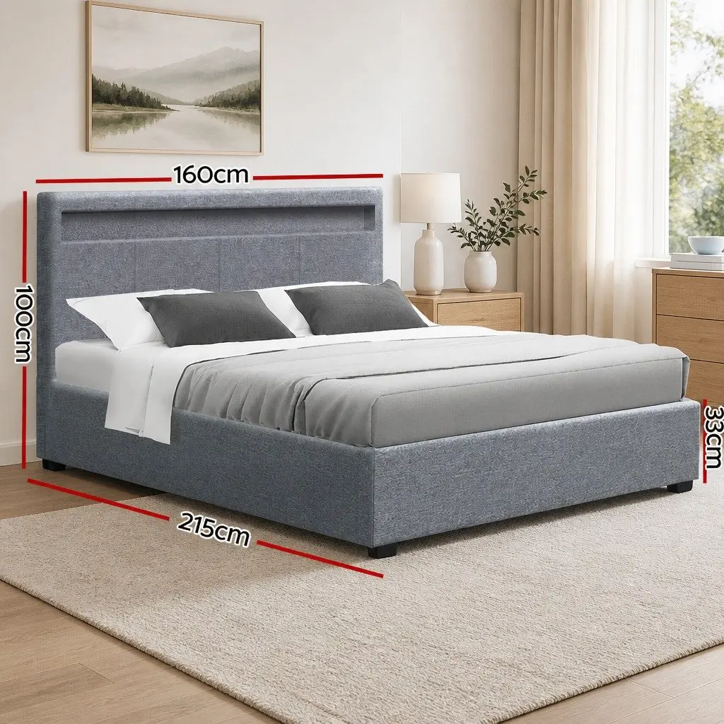 Queen Size Gas Lift Bed Frame with LED Headboard Storage Grey Bedroom Furniture