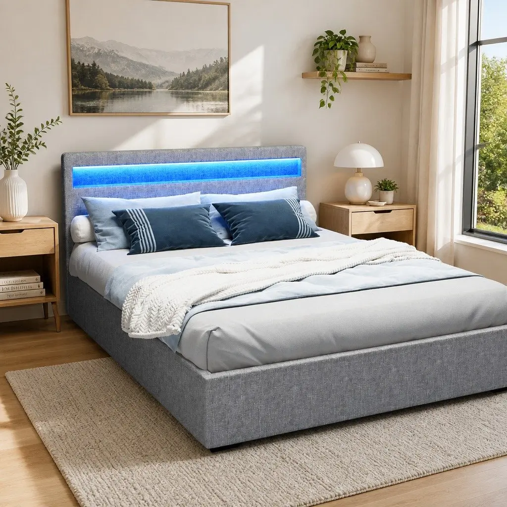 Queen Size Gas Lift Bed Frame with LED Headboard Storage Grey Bedroom Furniture