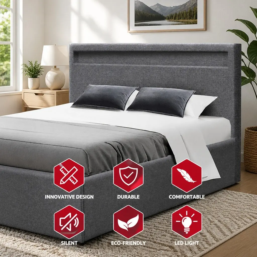 Queen Size Gas Lift Bed Frame with LED Headboard Storage Grey Bedroom Furniture