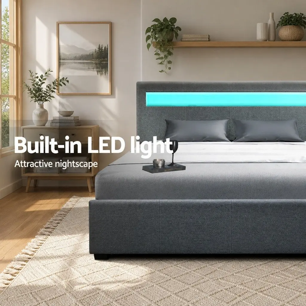 Queen Size Gas Lift Bed Frame with LED Headboard Storage Grey Bedroom Furniture
