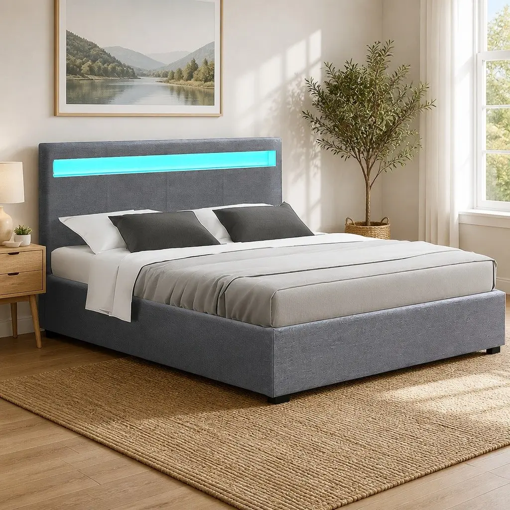Queen Size Gas Lift Bed Frame with LED Headboard Storage Grey Bedroom Furniture