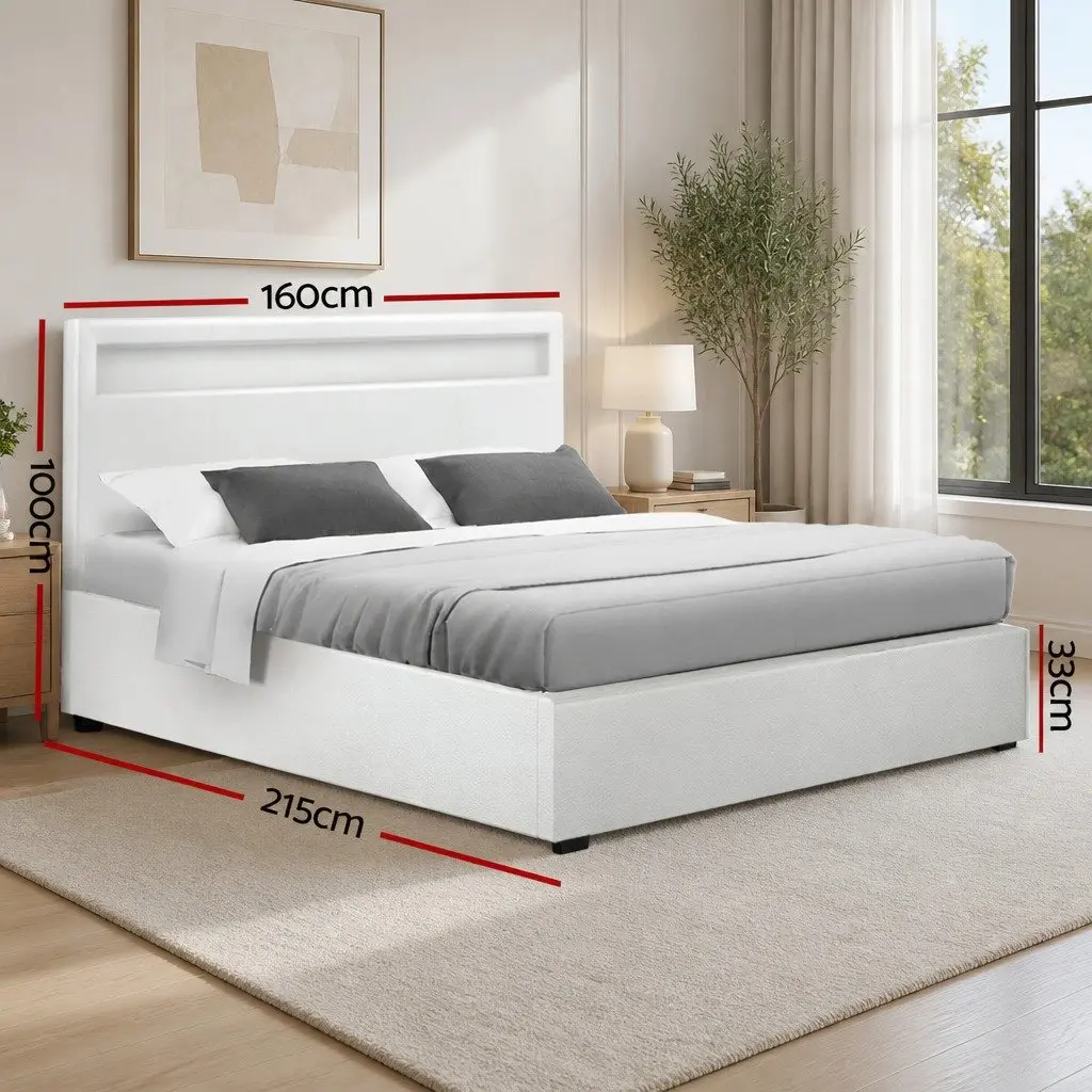 Queen Size LED Gas Lift Storage Bed Frame for Bedroom with Upholstered Headboard