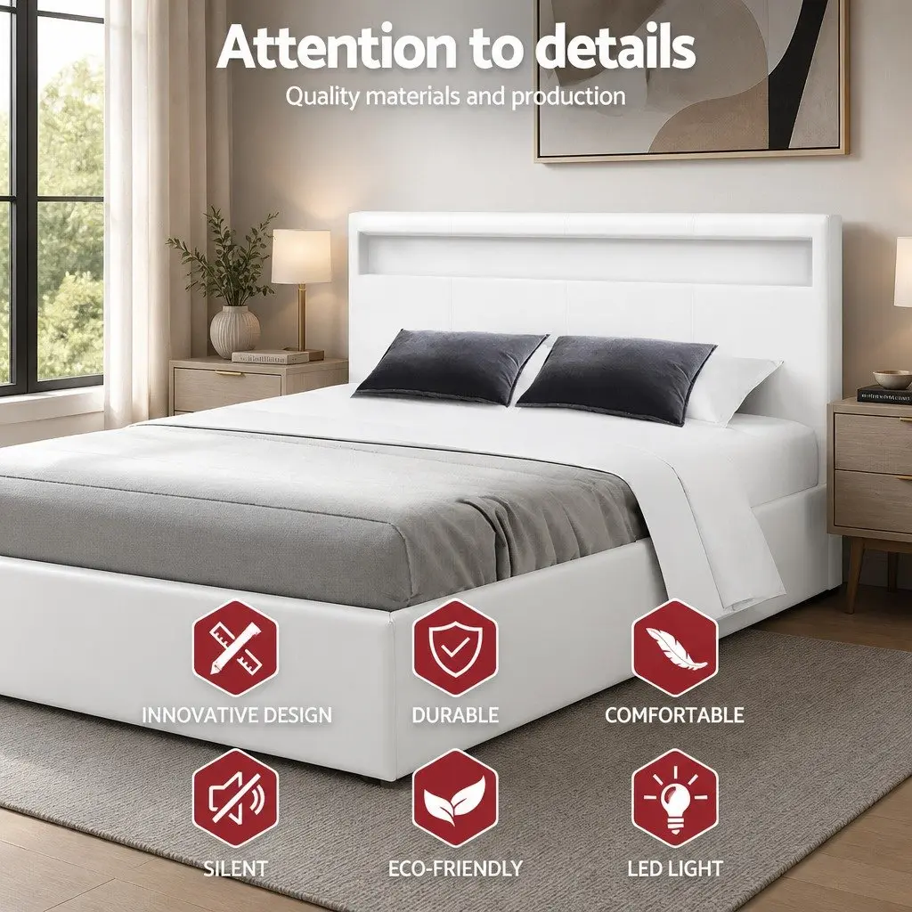 Queen Size LED Gas Lift Storage Bed Frame for Bedroom with Upholstered Headboard