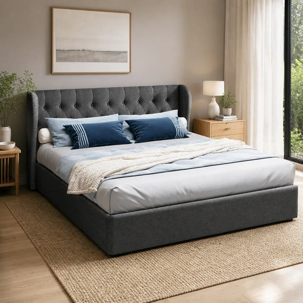 King Size Bed Frame for Bedroom with Gas Lift Storage and Tufted Headboard Charcoal