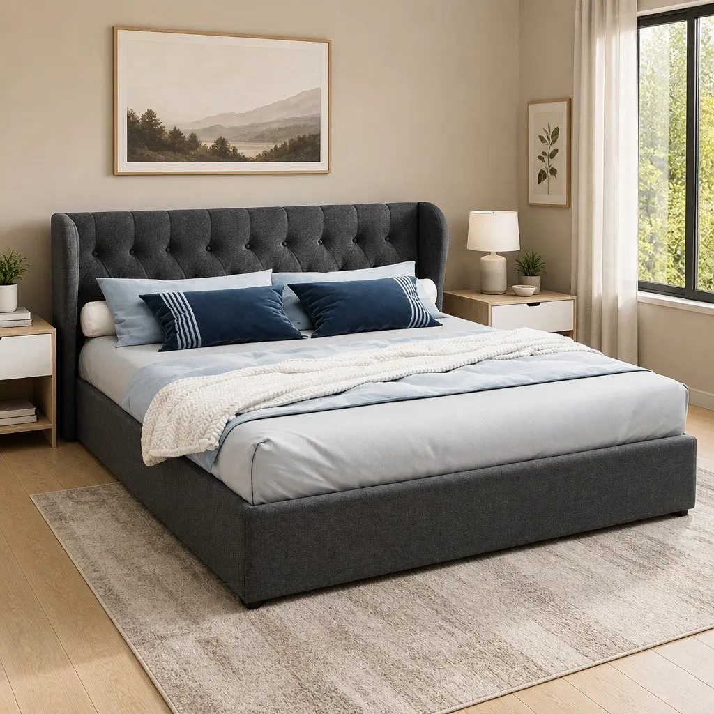 King Size Bed Frame for Bedroom with Gas Lift Storage and Tufted Headboard Charcoal