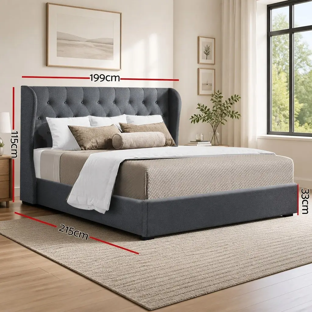 King Size Bed Frame for Bedroom with Gas Lift Storage and Tufted Headboard Charcoal