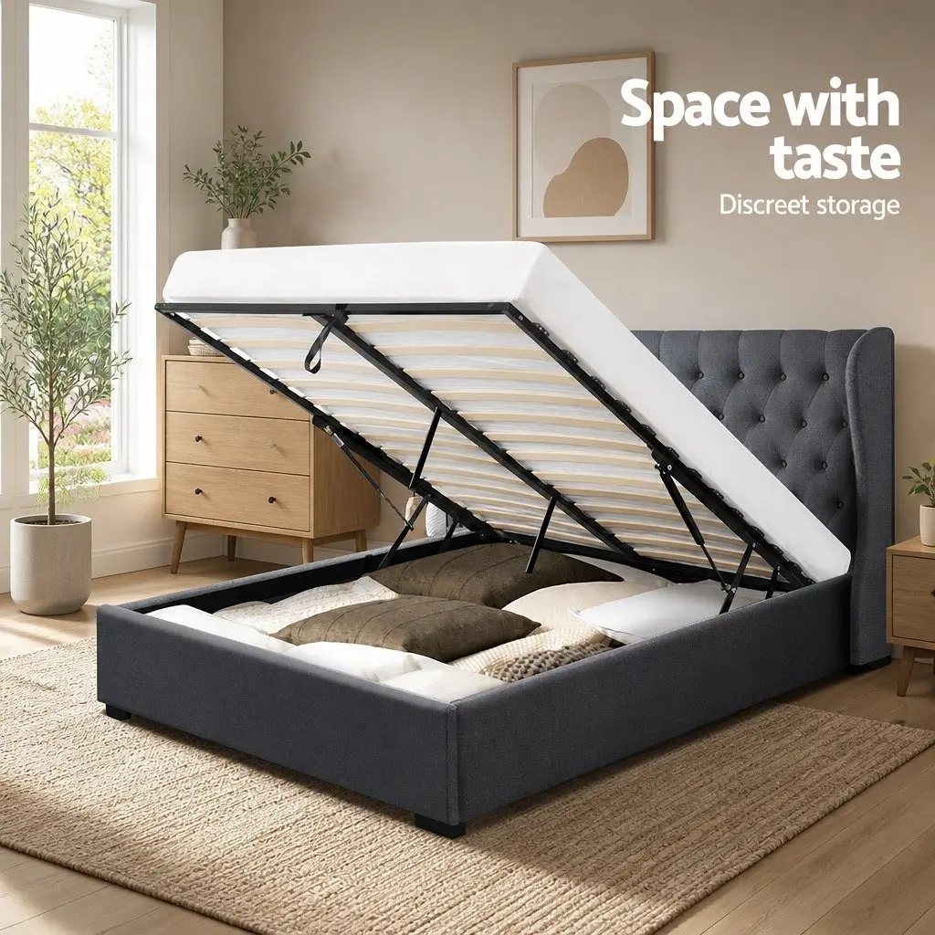 King Size Bed Frame for Bedroom with Gas Lift Storage and Tufted Headboard Charcoal