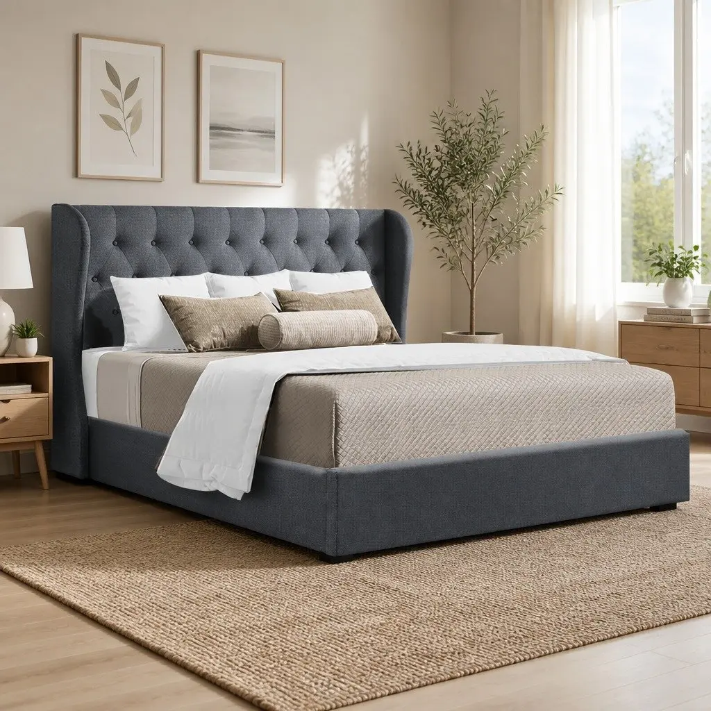 King Size Bed Frame for Bedroom with Gas Lift Storage and Tufted Headboard Charcoal