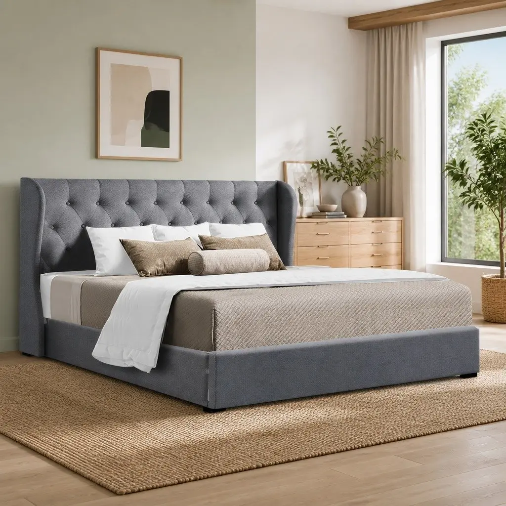 Grey King Size Bed Frame with Gas Lift and Tufted Headboard
