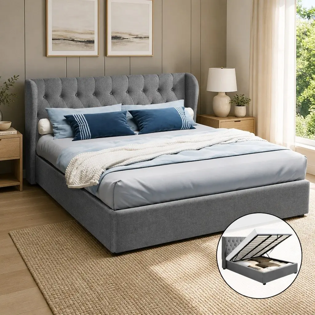 Grey King Size Bed Frame with Gas Lift and Tufted Headboard