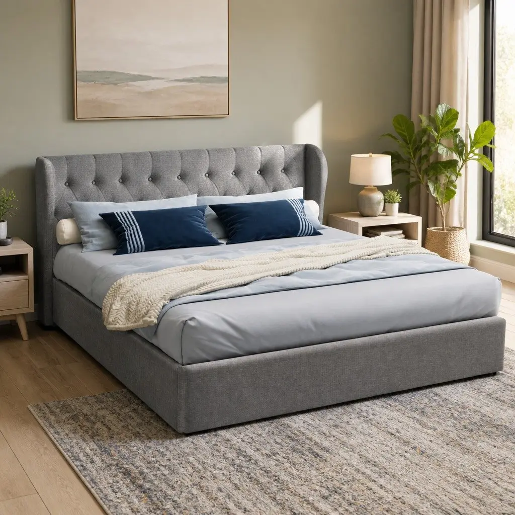 Grey King Size Bed Frame with Gas Lift and Tufted Headboard