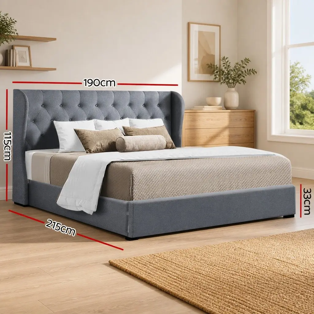 Grey King Size Bed Frame with Gas Lift and Tufted Headboard