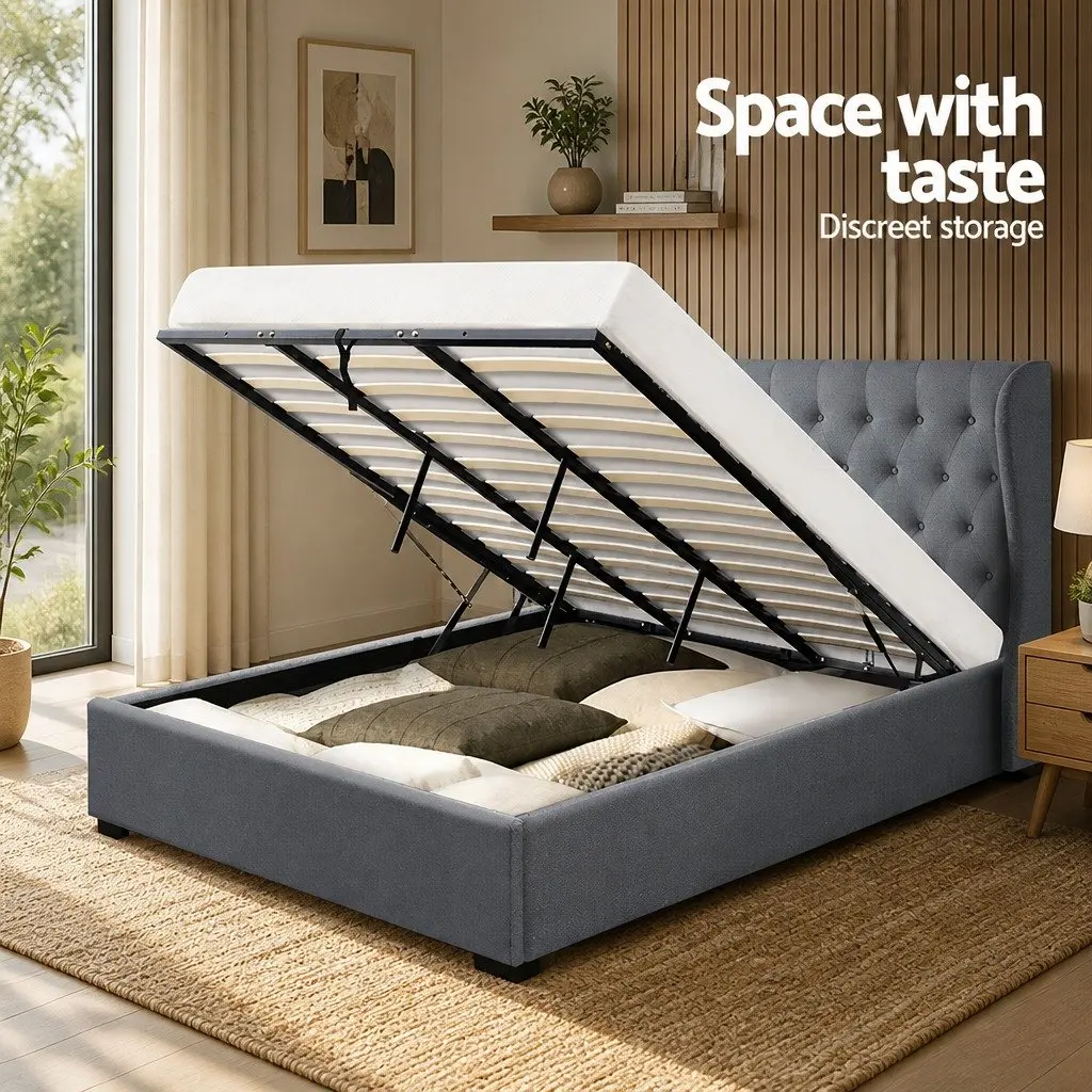 Grey King Size Bed Frame with Gas Lift and Tufted Headboard