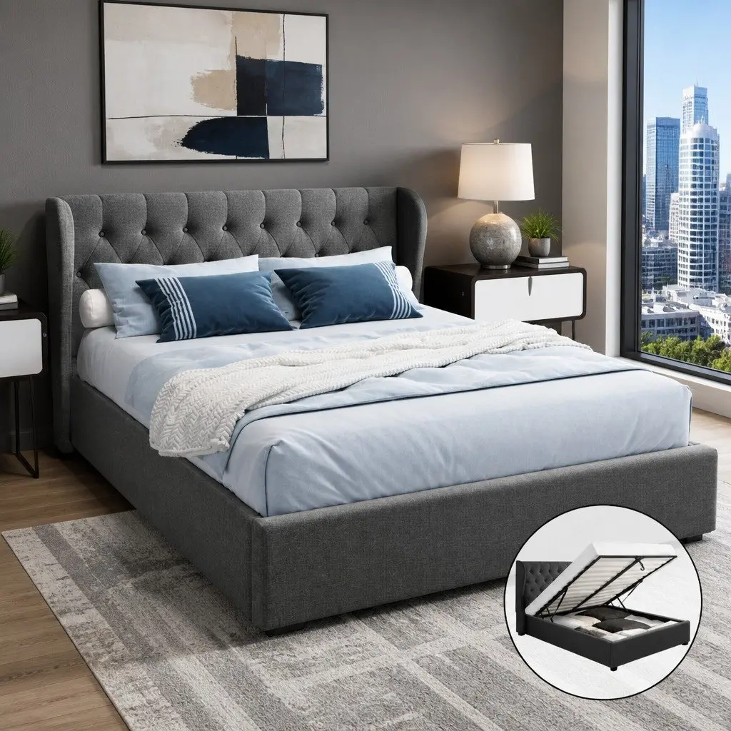 Queen Size Gas Lift Bed Frame with Storage Upholstered Headboard Charcoal