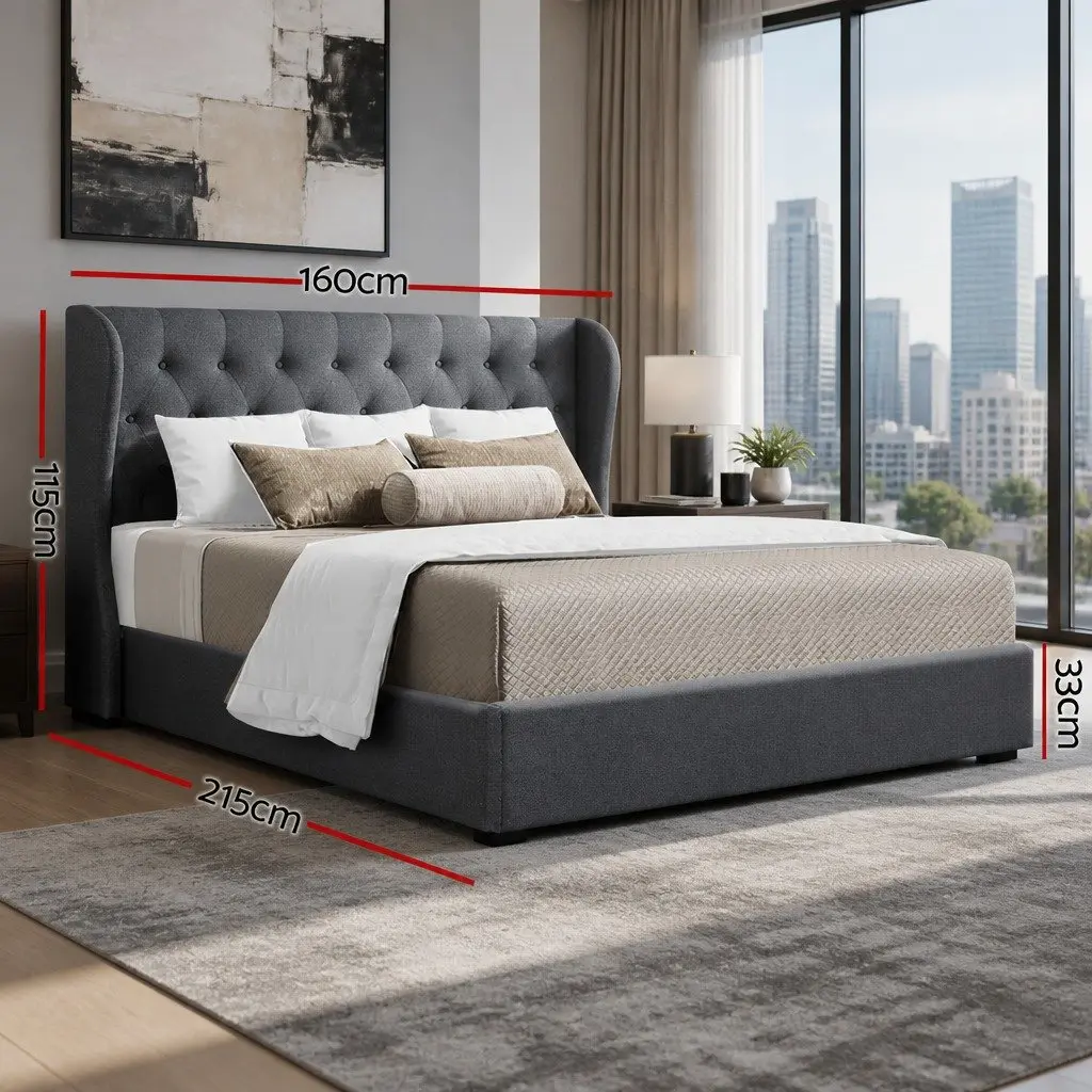 Queen Size Gas Lift Bed Frame with Storage Upholstered Headboard Charcoal