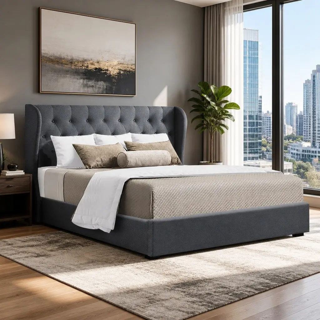 Queen Size Gas Lift Bed Frame with Storage Upholstered Headboard Charcoal